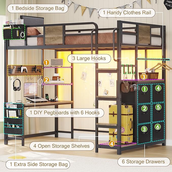 BYSAUD Loft Bed Twin Size, Loft Bed with Desk and 6 Storage Drawers, Twin Loft Beds with Charging Station and 4 Storage Shelves, Bunk Bed with Safety Guard & Ladder, No Box Spring Needed, Oak Gray