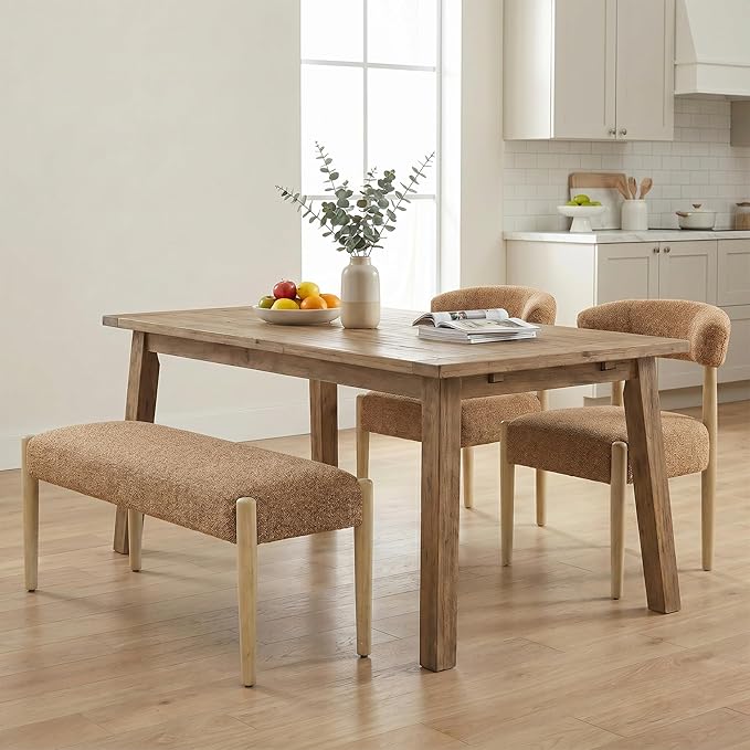 VKNOW Upholstered Dining Room Set for 4, Mid-Century Modern Dining Chairs Set of 2 and Dining Bench with Rubberwood Legs, for Dining Room, Living Room, Kitchen, Orange