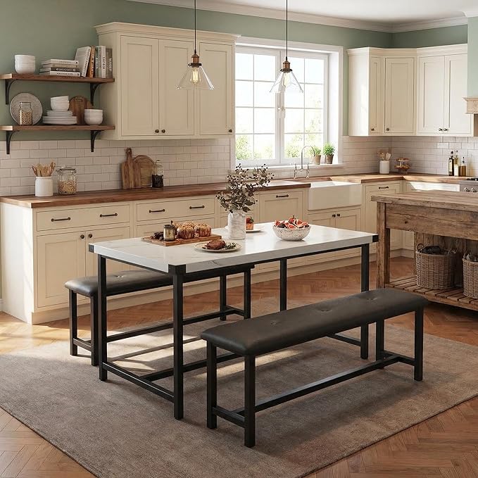 GarveeHome Dining Table Set for 4, Kitchen Table with 2 Upholstered Benches, Wood Kitchen Dining Room Set, for Small Space, Apartment, Home, Dinner, Marble White