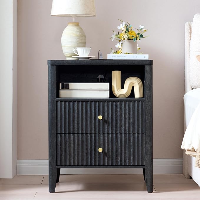 Fluted Nightstand with Charging Station, 21" Wide Modern Bedside Table with 2 Drawers & Open Shelf, Wood End Table with Storage & Metal Handle for Bedroom, Living Room, Small Spaces, Black