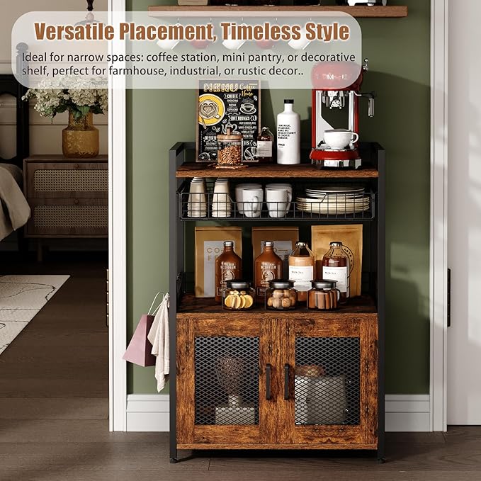 Hencawima Coffee Bar Cabinet, 3 Tier Coffee Station Table on Wheels, 35.9" H Bar Cart with Wire Basket Drawer & 5 Hooks for Home Kitchen, Liquor Buffet Sideboard Cabinet (Rustic Brown)