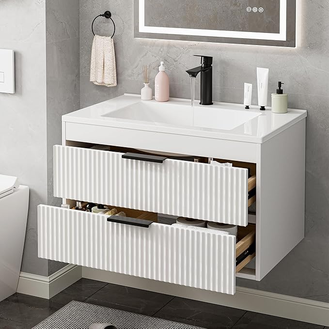 30 Inches Modern MDF Bathroom Vanity with Sink, Wall Mounted Floating Cabinets w/Double Drawers, Black Handles, White Resin Sink Combo Set (White, 30")
