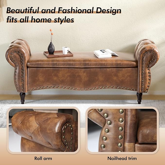 ZZW Storage Ottoman Bench, 51" Length Upholstered End of Bed Storage Bench for Bedroom with Safety Hinge, Tufted Bed Benches with Rolled Arm and Nailhead Trim for Living Room, Entryway Brown