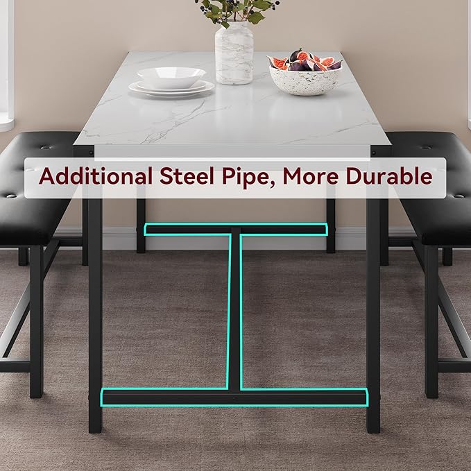 IDEALHOUSE Dining Table Set for 4, Kitchen Table with 2 Upholstered Benches, Rectangular Dining Room Table Set, 3 Piece Kitchen Table Set for Small Space, Apartment, Studio, Marble White