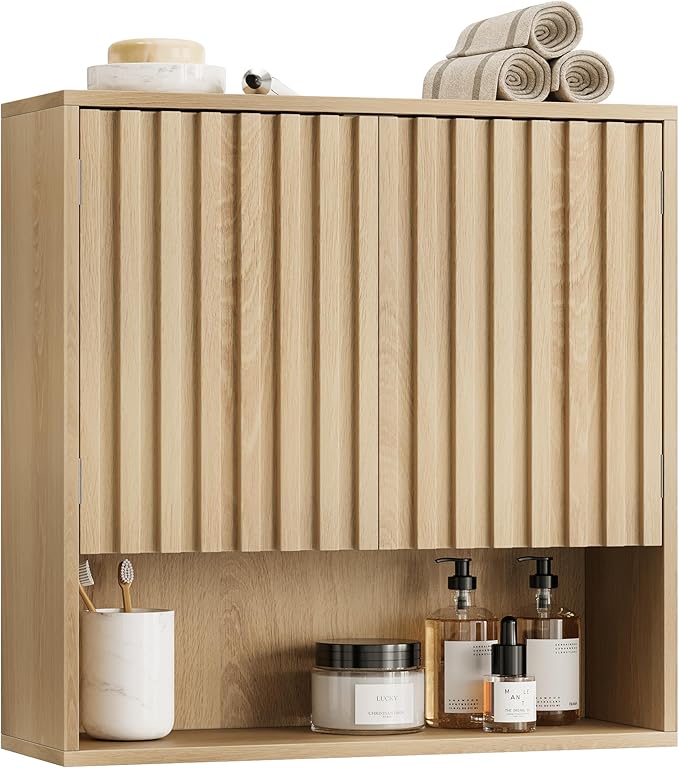 Smart FENDEE Bathroom Wall Storage Cabinet with Fluted Doors, Medicine Cabinet with Adjustable Shelf, Over The Toilet Storage Cabinet for Laundry Room & Kitchen & Living Room, Natural