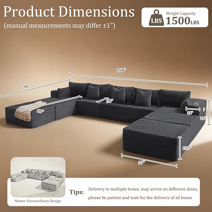 168" Cloud Sectional Couch, Comfort U Shaped Sofa for Living Room, Extra Deep Seats No Assembly, Minimalist Modular Couch, Corduroy (Dark Grey, 9 Seats,U-Shape B)