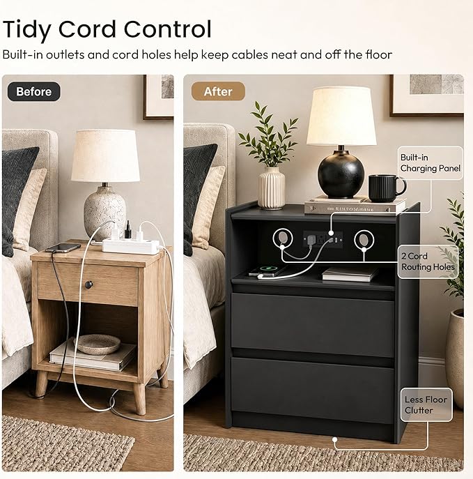 24" Tall Nightstand with Charging Station Including USB-C, Modern Bedside Table and Sofa End Table - Black, 2 Drawers, Set of 2