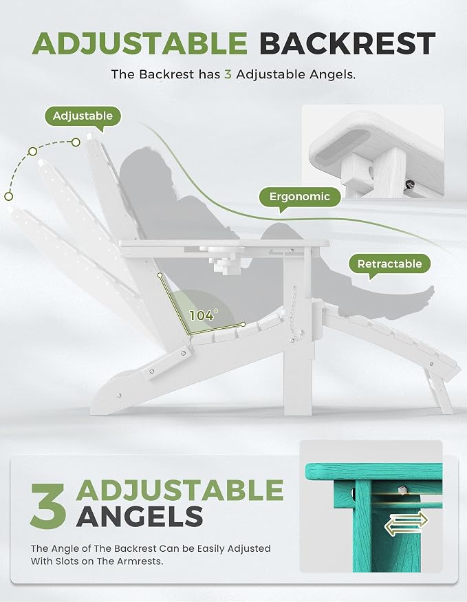 Ciokea Folding Adirondack Chair with Retractable Ottoman Fire Pit Patio Chair with Pull Out Foot Rest Weather Resistant Lawn Outdoor Lounge Chair with 2 Cup Holder (White)