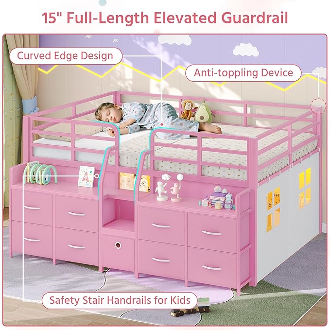 Dnxao Low Loft Bed Full Size with 9 Drawers and 2 Bookcases, Full Size Loft Bed with Charging Station & LED Lights, 15" H Safety Guardrail Metal, Under-Bed Play Space,Pink