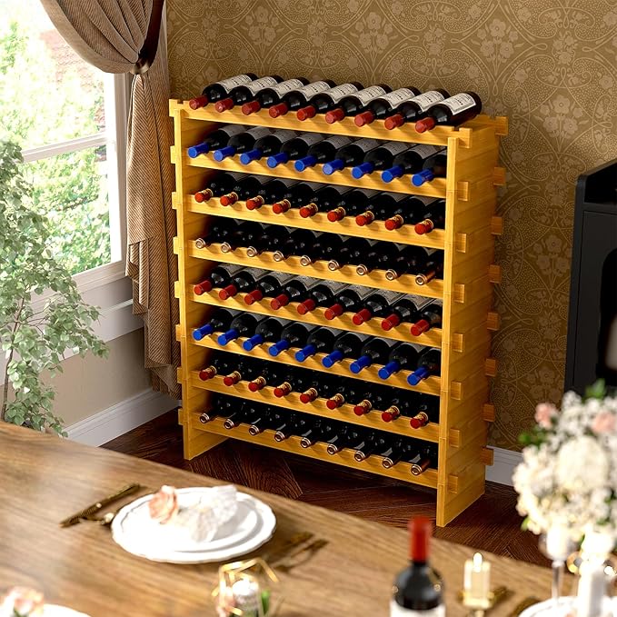 Bamboo Wine Rack Stackable, 8-Tier 72 Bottles Large Capacity, Modular Wine Storage Rack Free Standing, Floor Wine Display Shelf