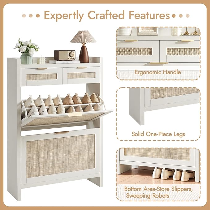 HOKYHOKY Rattan Shoe Storage Cabinet with 2 Drawers & 2 Flip Drawers – Hidden Slim Shoe Organizer for Entryway, Large Tabletop Space, Farmhouse Boho Narrow Shoe Rack, Rustic White