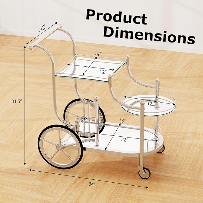 Tangkula Bar Cart, 3-Tier Rolling Home Bar Serving Cart with Mirrored Shelves & 4 Wheels, Mobile Beverage & Wine Cart for Kitchen, Dining Room, Living Room (Silver)