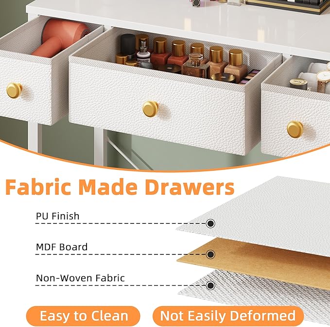HIGDBFE Small Makeup Vanity Desk 27.5''W with Mirror and Lights, Vanity Desk with 3 Fabric Drawers and Height-Adjustable Stand, Vanity Table for Girls Gifts, Bedroom and Small Spaces, White