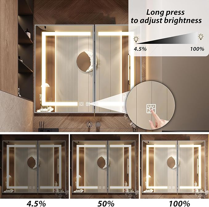 APRILSOUL 36x30 Inch Lighted Bathroom Medicine Cabinet with Mirror, Silver Recessed or Surface Mount Medicine Cabinet Mirror with Storage and LED Lights, 3 Colors Temperature, Dimmable Light