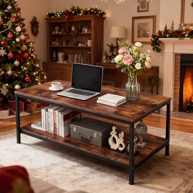 SUPER DEAL 2-Tier Coffee Table with Storage Shelf for Small Apartment Living Room, Rectangle Wood and Stable Metal TV Stand Side End Table, Rustic Brown