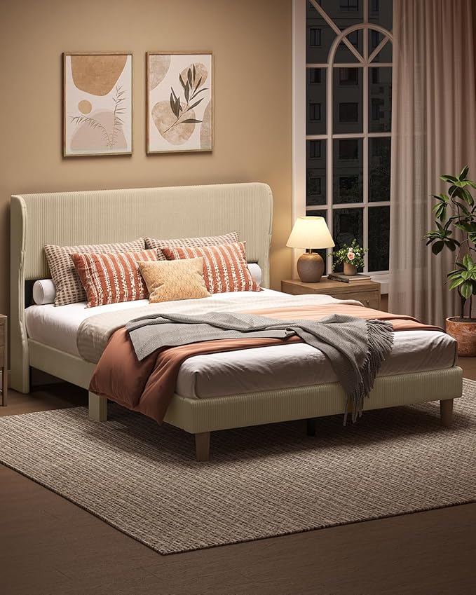 Bestier Platform Queen Size Bed Frame with Wingback Headboard,Upholstered Queen Bed with Strong Wooden Slats,No Box Spring Needed,Never Squeaks,Easy Assembly,Taque
