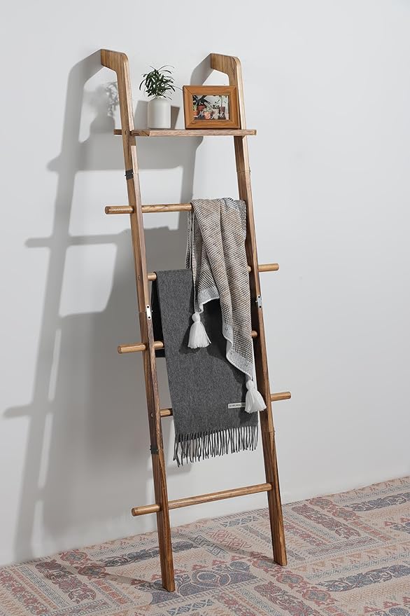 DELITON Blanket Ladder, 5-Tier Wooden Farmhouse Style Towel Rack with Shelf and Hooks, Wall Leaning Decorative Ladder for Living Room, Bedroom, Bathroom