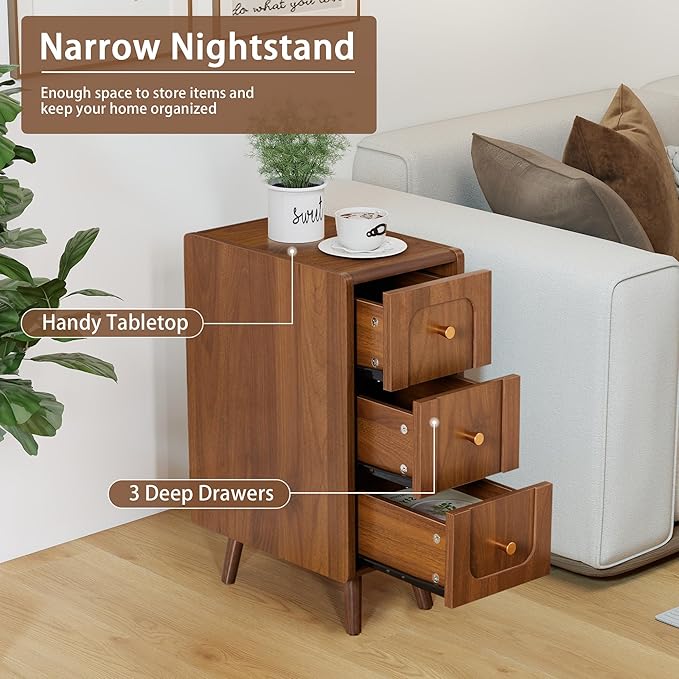 Narrow Nightstands with 3 Drawers, Wooden Farmhouse Bedside Tables, Slim End Tables with Storage, Small Night Stand for Bedroom, Living Room, Small Spaces