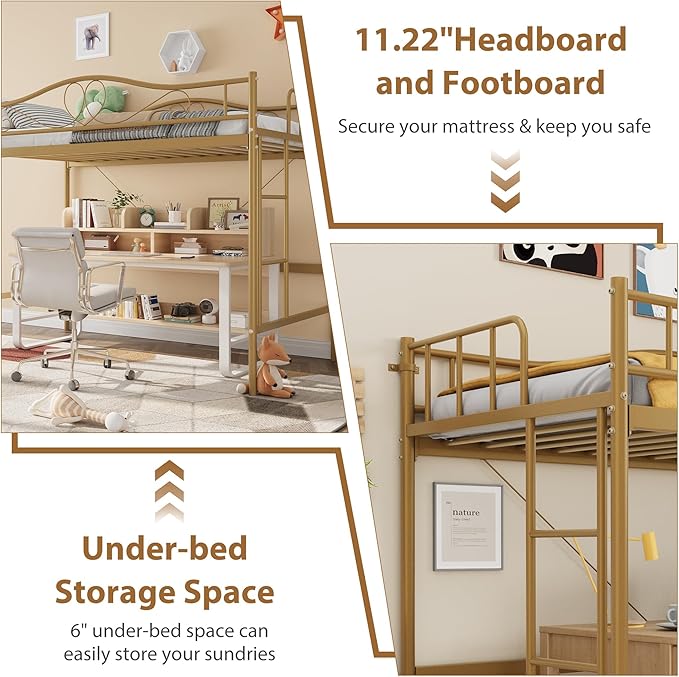 IDEALHOUSE Loft Bed Twin Size with Ladder & Full Safety Guardrail, Heavy Duty Metal Twin Loft Bed 400 Lbs Load Capacity, Space-Saving, Noise Free, No Box Spring Needed, Easy Assembly, Gold