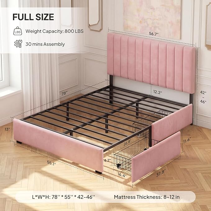 Welzona Queen Size Velvet Bed Frame with 2 Storage Drawers, Fully Upholstered Metal Platform Corner Bed Frame with Vertical Tufted Headboard, 3-Level Height, Easy Assembly, No Box Spring Needed, Pink