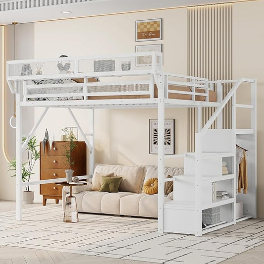 KEIKI Queen Size Metal Loft Bed Frame with Convertible Staircase, Built-in Storage Shelves and Wardrobe, Loft Bed with Solid Slats, Guardrail, No Box Spring Required, Easy Assembly, for Bedroom, White