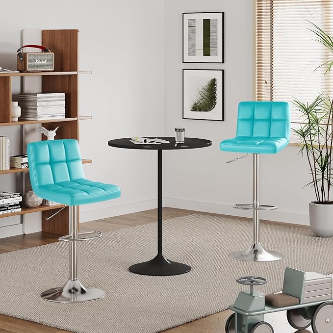 Furmax Bar Stools Modern Pu Leather Swivel Adjustable Hydraulic Bar Stool Square Counter Height Stool Set of 2 (Blue)