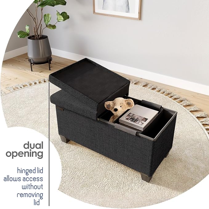 Storage Ottoman Bench with Bins, 30-in Storage Bench for Bedroom End of Bed, Folding Foot Rest Ottoman for Living Room Max 660lbs, Fabric Ottomans, Black