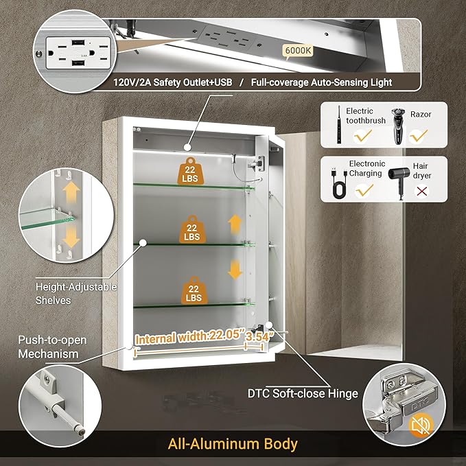 Lighted Medicine Cabinet with Mirror & Clock -24x30 Surface or Recessed Assembly-Free Medicine Cabinet with Dimmable Light Anti-Fog, Built-in Sensing Light & Outlet, Soft-Close Right Hinge