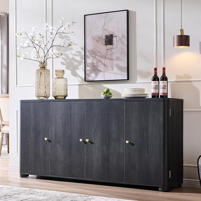 Curved Buffet Cabinet with Doors, 66" Large Sideboard Buffet Storage Cabinet with 4 Doors and Shleves, Modern Coffee Bar Station Wood Kitchen Table for Kitchen, Dining Room, Dark Grey