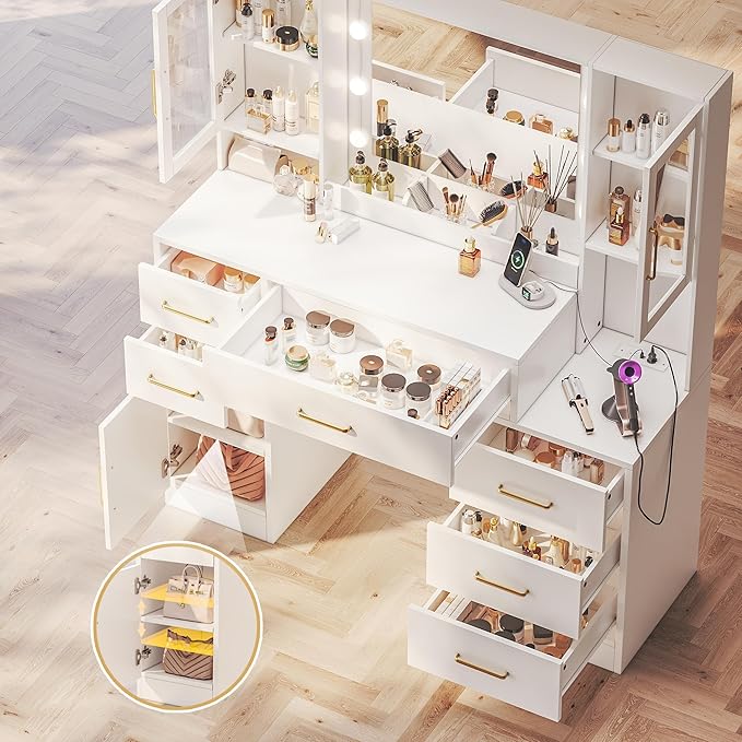 TOKSOM 51" Vanity Desk with Mirror and Lights & Charging Station, Bedroom Dressing Table, Large Vanity Set, 6 Drawers and 2 Cabinets, Makeup Vanity Table with Charging Station, Without Stool