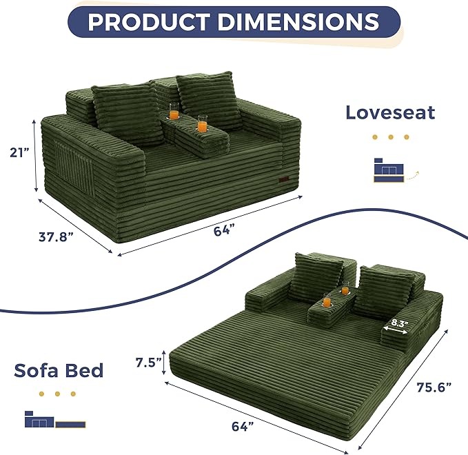 MAXYOYO Loveseat Sofa Bed, Striped Faux Fur Foldable Floor Sofa Couch in A Box, 4 in 1 Convertible Boneless Couch with 2 Cup Holders, Folding Recliner Sleeper Chair, No Assembly Required, Pine Green
