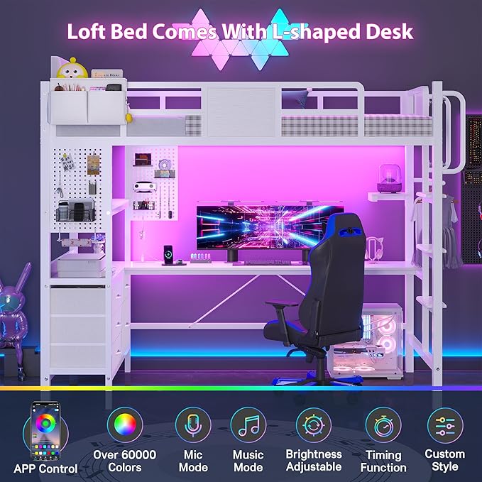 Dnxao Loft Bed Twin Size with L-Shaped Desk, Heavy-Duty Metal Twin Loft Bed with 5 Storage Drawers, LED Lights & Charging Station, Reinforced Stable Structure for Small Room Dorm Apartment, White