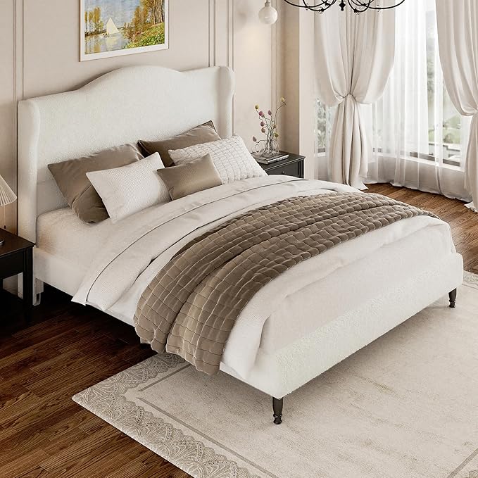 Queen Bed Frame with Wingback Headboard, Upholstered Boucle Platform Bed Frame, Solid Wooden Slats Support, Noise-Free, No Box Spring Needed, Soft Cloud Bed for Bedroom, Cream