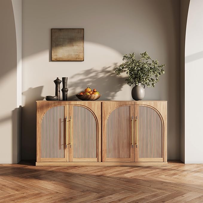 BELLEZE 65 Inch Sideboard Cabinet with Double-Arc Wood Doors, Large Buffet Cabinet with Storage and Adjustable Shelves, Classic Modern Console Table for Dining Room Living Room Entryway (Camel)