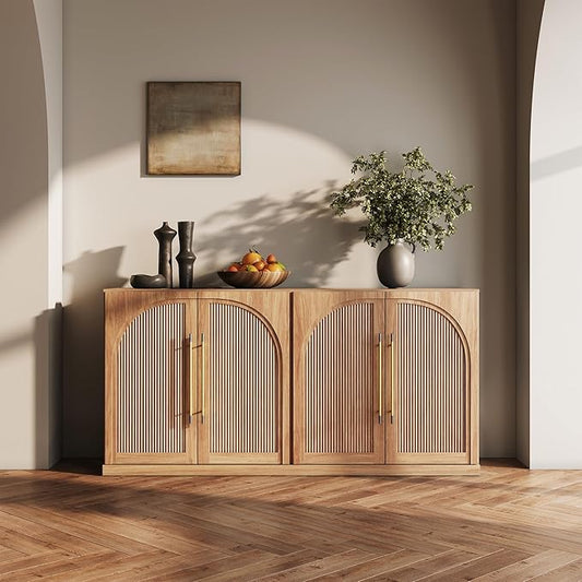 BELLEZE 65 Inch Sideboard Cabinet with Double-Arc Wood Doors, Large Buffet Cabinet with Storage and Adjustable Shelves, Classic Modern Console Table for Dining Room Living Room Entryway (Camel)
