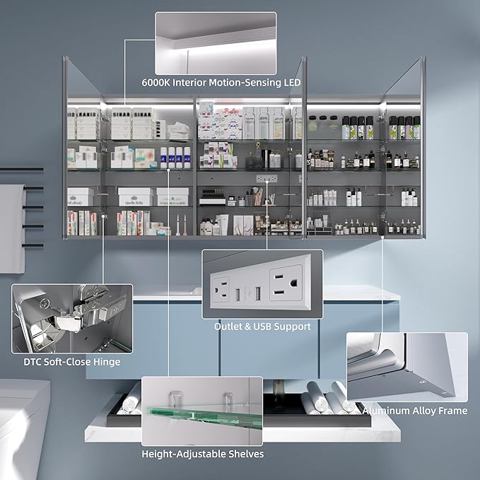 Medicine Cabinet with Lights with Mirror, 60 x 30 Inch Recessed/Surface Wall Mount LED Lighted Medicine Cabinets for Bathroom with Storage, 3 Colour Lights Dimmable Defog, Time/Temp Display