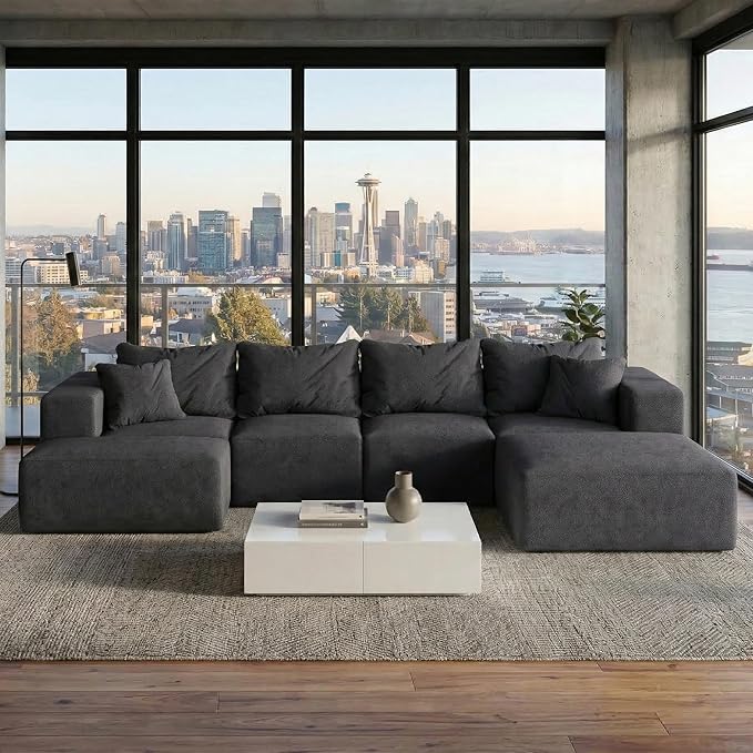 132" Modular Sectional Sleeper Sofa Couch, Modern Cloud Chenille Sectional Couch with Ottoman, Boneless U Shape Couches for Living Room, Free Combination, No Assembly Required, Black