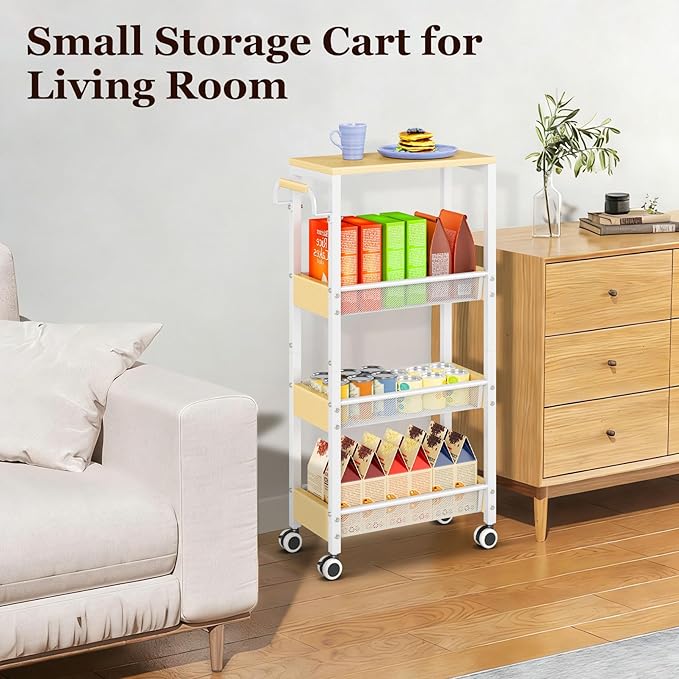 Utility Slim Storage Cart with Wheels, 4 Tier Slim Rolling Cart, Slim Rolling cart for Kitchen,Small Rolling Cart with Wood Top, Skinny Metal Organization Trolley Laundry with Handle for Small Space