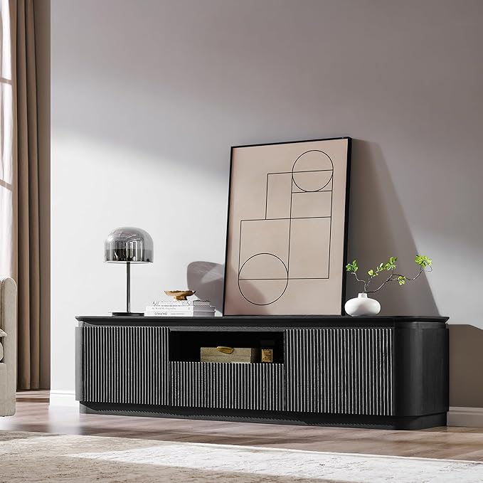 70" Fluted TV Stand for TVs Up to 80", Mid Century Modern Entertainment Center with Drawer, Storage Cabinet, Open Shelf, Wood Low Profile Media TV Console for Livingroom, Black
