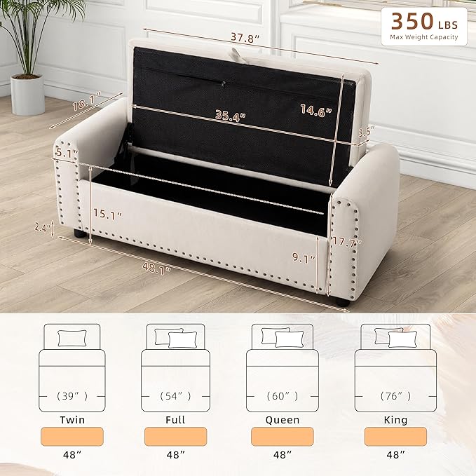 48" Ottoman with Storage, Tufted Storage Ottoman Bench, Convenient Living Room Fabrics Bench Seat, Entryway Shoe Benches with Inner Zipper & Arm, Upholstered Window Seat Ottomans with Rivets, Beige