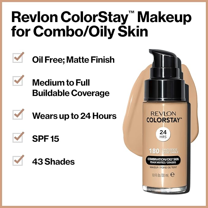 Revlon Liquid Foundation, ColorStay Face Makeup for Combination & Oily Skin, SPF 15, Medium-Full Coverage with Matte Finish, 360 Golden Caramel, 1 Fl Oz