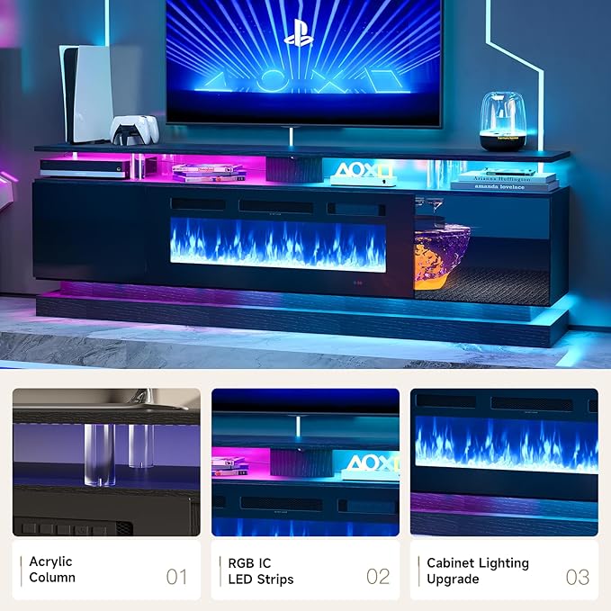 70 Inch Fireplace TV Stand, Modern Entertainment Center for TVs Up to 80”, TV Console with Storage Cabinets, Media Console for Living Room, Black TV Stand and Black Fireplace