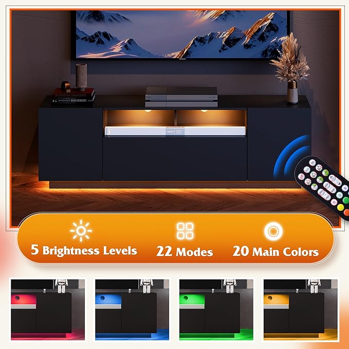 WLIVE LED TV Stand for 55/60/65 Inch TVs, Modern Entertainment Center with Storage Cabinets and Drawer, Gaming Media TV Console with RGB Lights for Living Room, Black
