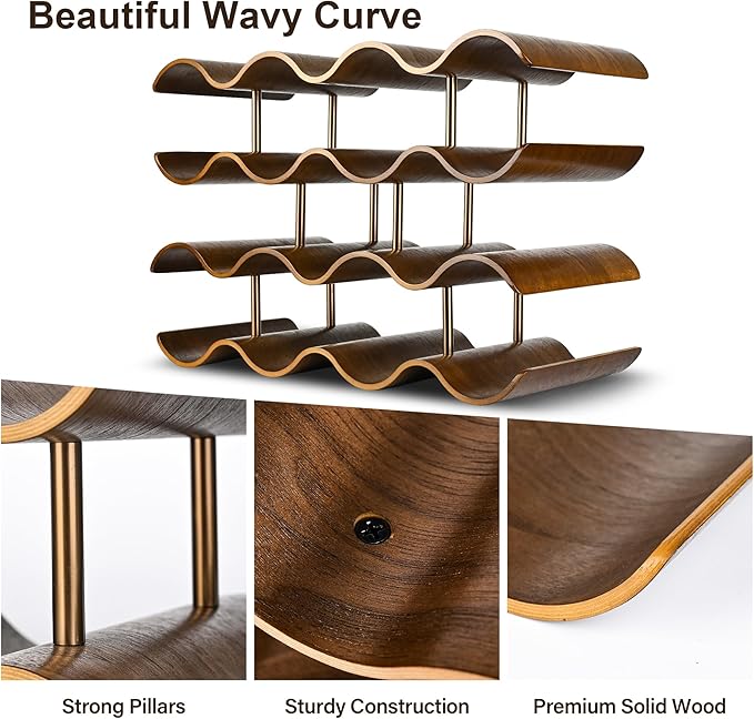 Countertop Wine Rack - 14 Bottle Freestanding Wine Bottle Holder Stand - 4 Tier Wooden Wine Storage Rack - Walnut Wavy Wine Organizer for Cabinet Pantry Home Kitchen Bar