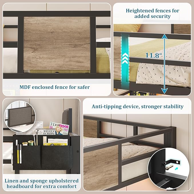 busyaeh Loft Bed Full Size with 5 Drawers & 3 Open Shelves and Charging Station，Full Size Loft Bed with Desk & LED Lights and Thickened Tread Stairs,Loft bed Space-Saving,No Box Spring Needed,Oak Gray