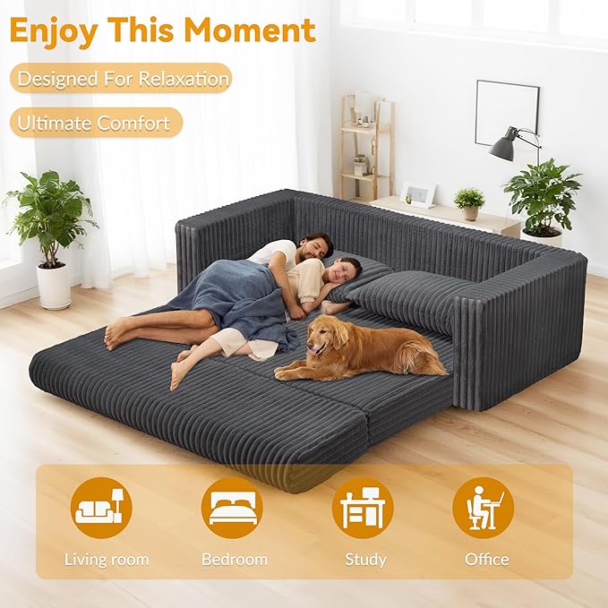 HABUTWAY 68" Loveseat Boneless Couch, 4-in-1 Convertible Sofa Bed, Plush Fur Folding Futon Sofa Bed Couches with 2 Pillows for Living Room, High-Density Foam Support, No Assembly Required, Grey