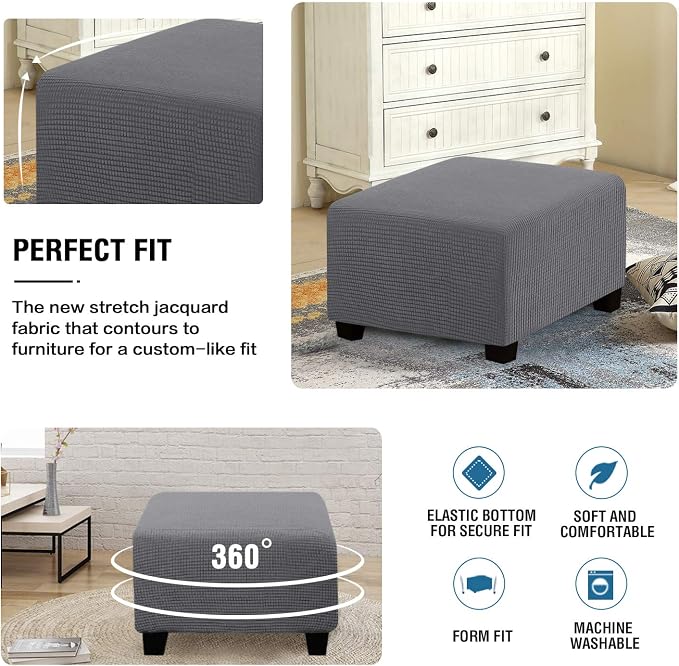 H.VERSAILTEX Square Ottoman Covers Ottoman Slipcovers Folding Storage Stool Furniture Protector Form Fit with Elastic Bottom, Stretch High Spandex Small Checks Jacquard Fabric(Large,Grey)