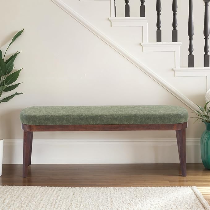 Christopher Knight Home Ella Mid-Century Faux Leather Upholstered Dining Bench, End of Bed Footrest, Entryway/Hallway Seating, Indoor Ottoman Bench with Padded Seat and Solid Wood Leg, Green+Brown