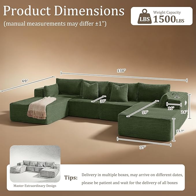 138" Cloud Sectional Couch, Comfort U Shaped Sofa for Living Room, Extra Deep Seats No Assembly, Minimalist Modular Couch, Corduroy (Olive Green, 6 Seats,U-Shape C)