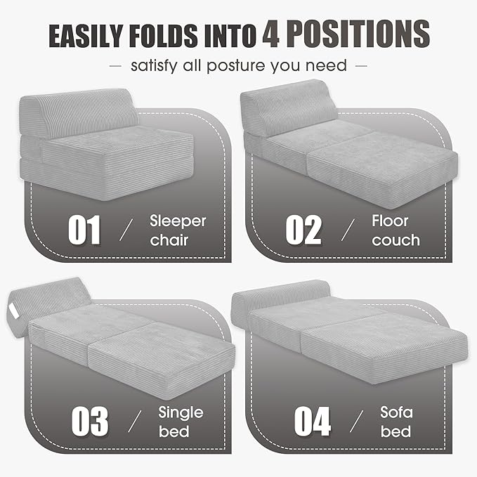 Kasunpul Folding Sofa Bed with Pillow, Memory Foam Fold Out Chair Bed, Convertible Sleeper Chair with Washable Cover, Futon Floor Couch for Living Room/Dorm/Guest Use/Home Office/Apartment, Light Grey